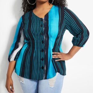 26/28W-  STRIPED PLEATED CHIFFON BUTTON-UP